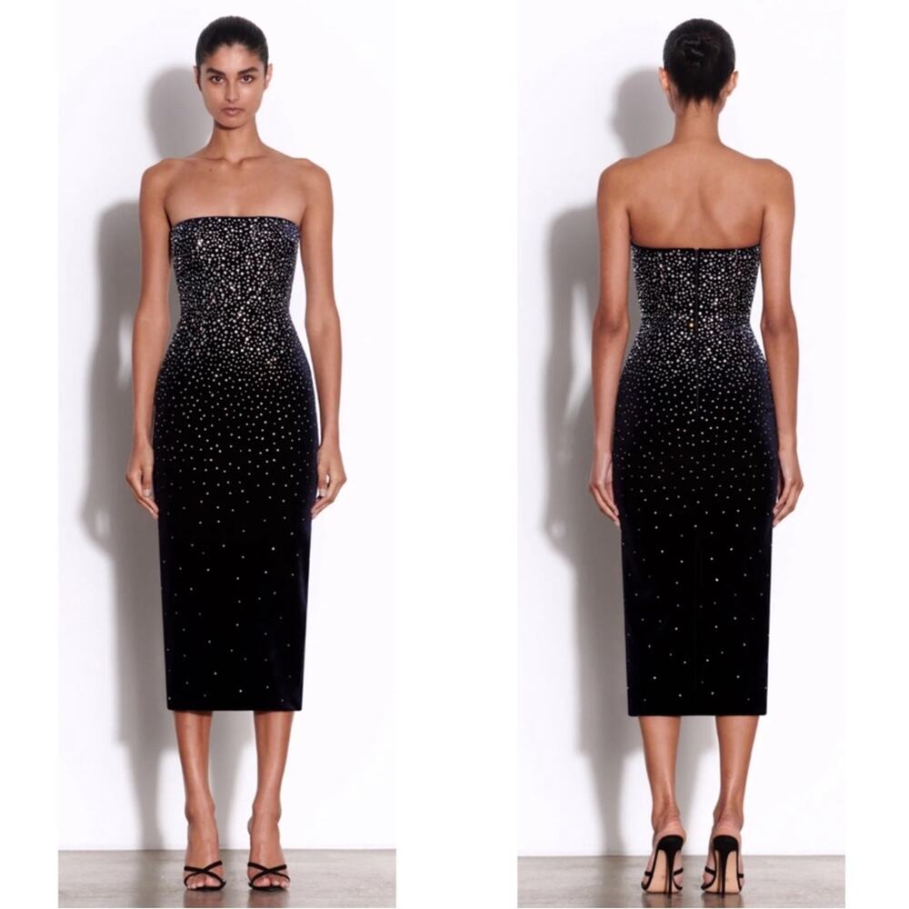 ALEX PERRY Strapless Crystal Embellished Velvet Black Midi Dress Size 2